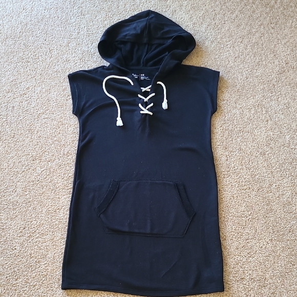 Black Hooded Swim Coverup with Lace-Up Front - Picture 1 of 3